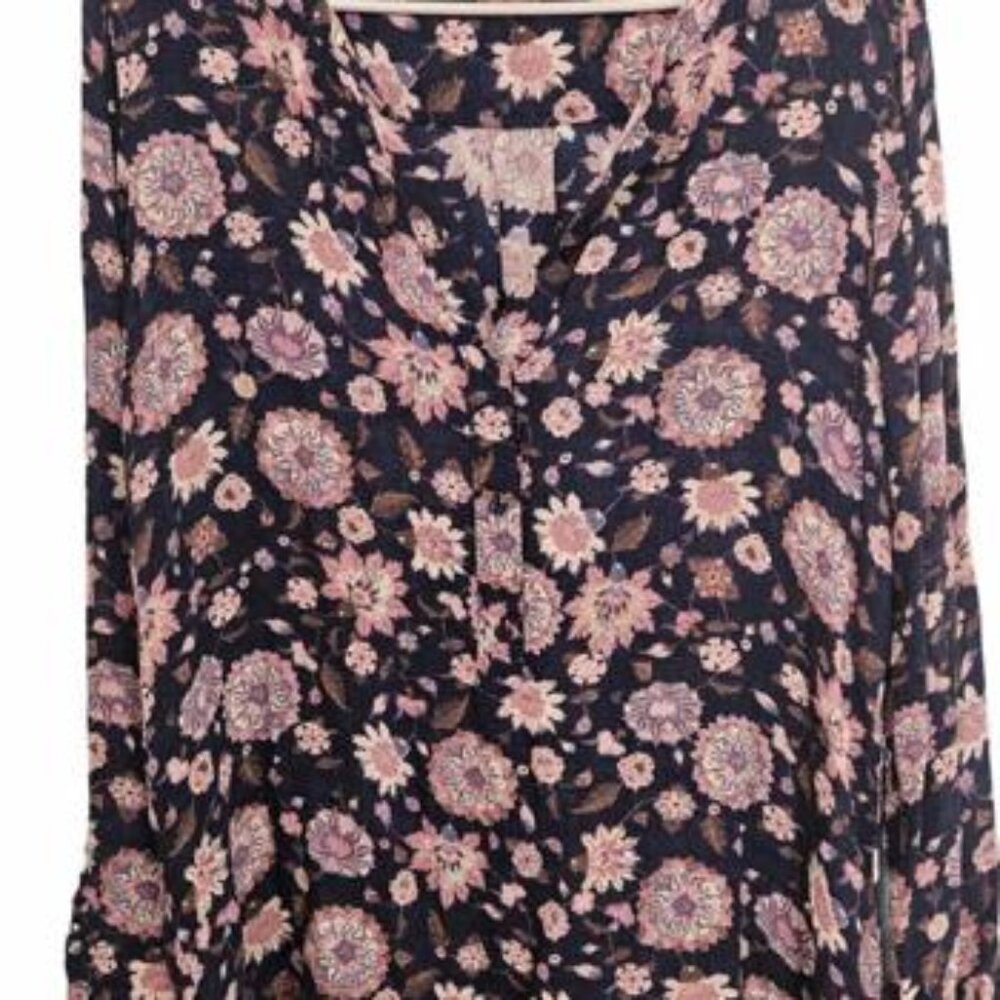Lucky Brand‎ Women's Boho Sheer Floral V Neck Blouse with Button Details Medium